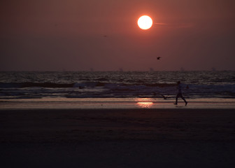 Walking on the beach with the setting autumn sun