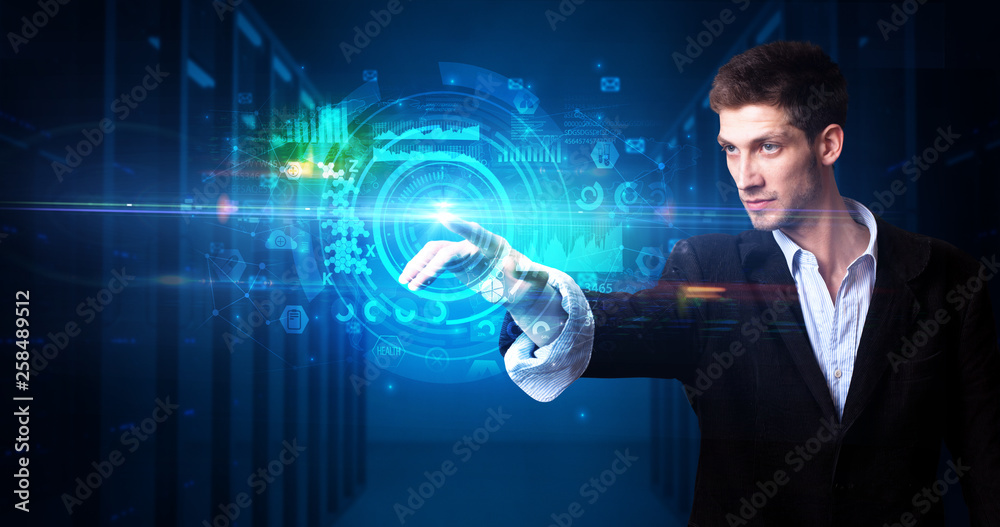 Poster man touching hologram screen displaying medical symbols and charts