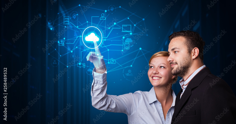 Poster Man and woman touching hologram projection displaying cloud system 
