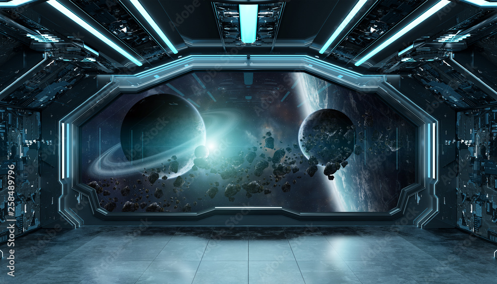 Wall mural dark blue spaceship futuristic interior with window view on space and planets 3d rendering