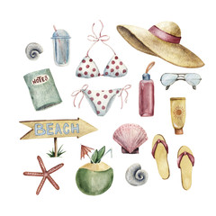 Summer apparel for beach vacation bikini floppy hat flip flops and sunglasses book sun protector,...