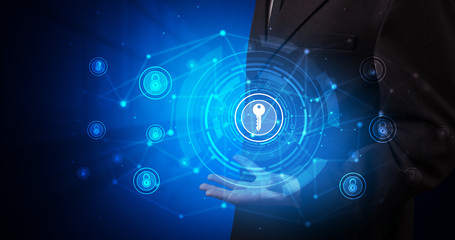 Young person holding hologram screen displaying security infomartions
