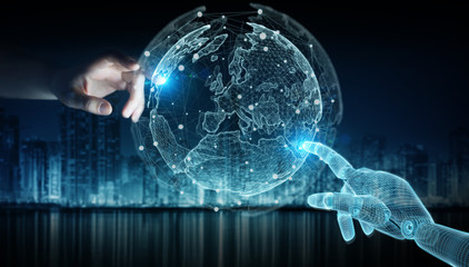 Wireframed robot hand and human hand touching digital world on dark 3D rendering