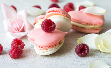 A beautiful heart made of macaroons and raspberry. Valentines day consept. flat lay, top view. 