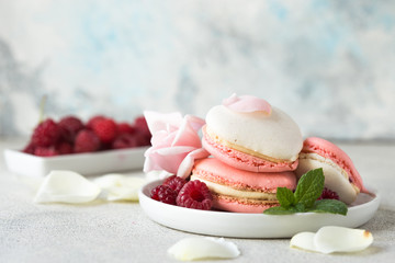 A beautiful heart made of macaroons and raspberry. Valentines day consept. flat lay, top view. 