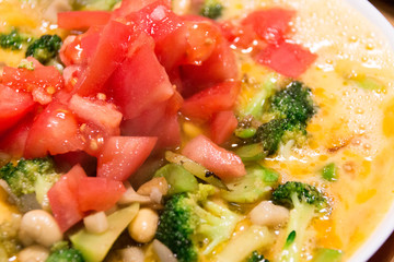Stir tomatoes/soy beans/broccoli and eggs - preparing dinner / Cooking time