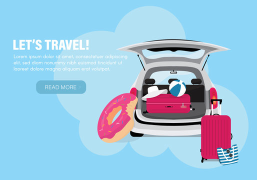 Vacation Banner with Flat Icons Car, Luggage, Ball, Hat, Bag and Swim Ring.Vector illustration.