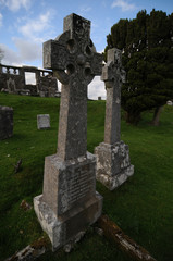 Fototapeta na wymiar Two celtic crosses of the cemetery of the Cill Chriosd Church on the Isle of Skye