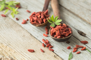 Goji in bowl on wood table. Top view of fresh goji in scoop and bowl.