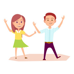 Young boy in shirt and trousers and girl in blouse and skirt raise hands up and walk with happy face expression vector illustration.