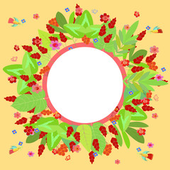 Fototapeta premium Round colorful frame with leaves, flowers, birds, butterflies. For photos, labels, for inscription, advertising, discounts, children's design, school stand. Vector.