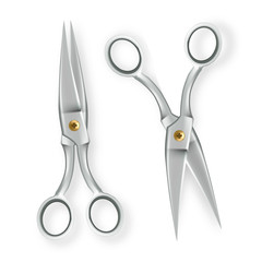 Scissor Vector. Opened And Closed. 3D Realistic Metal Classic Scissor Icon. Tailor Symbol. Illustration