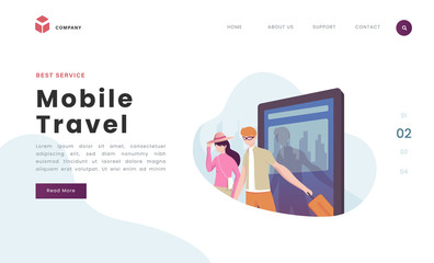 Vector Illustration idea concept for landing page template, people travel around the world glassess blonde man with big luggage bag and woman bring hat ready enjoy mobile travel. Flat gradient style.