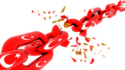 turkey crisis flag chain break isolated - 3d rendering