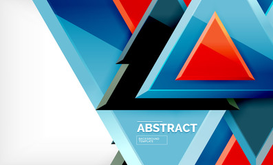Triangles repetiton geometric abstract background, multicolored glossy triangular shapes, hi-tech poster cover design or web presentation template with copy space