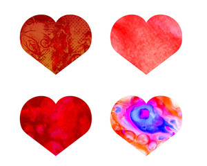 A set of watercolor colorful hearts for design, composition, greetings. Isolated on white background.
