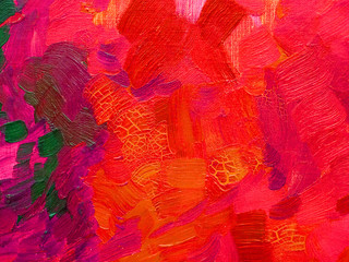Abstract paint strokes on canvas, craquelure. Red tones