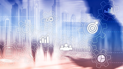 Business process automation concept. Gears and icons on abstract background.