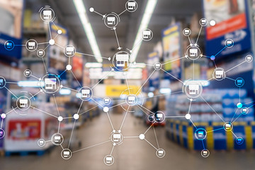 Franchise Distribution network Shop Retail Business Financial concept. Blurred supermarket...