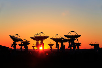 Observatory equipment, silhouette at sunrise