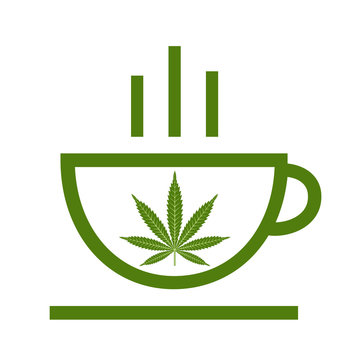 Cannabis herbal tea and marijuana leaves. Icon vector logo template. Isolated vector illustration on white background.