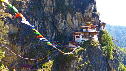 tiger's nest with prayer flags