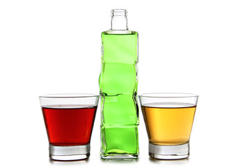 Glass jars with colorful cocktails on a white background