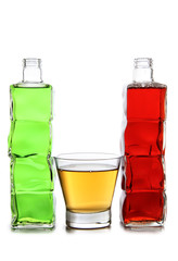 Glass jars with colorful cocktails on a white background