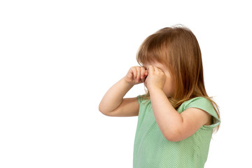 portrait of crying baby girl on white background