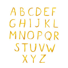 Gold glitter shiny vector alphabet. Hand drawn golden letters A-Z isolated on white. Sans serif modern font. Latin uppercase handwriting symbols. Easy to edit template for your designs.