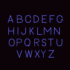 Neon blue vector alphabet on dark background. Sans serif font. Glowing latin uppercase letters. Typeface for headlines, banners, signboards, posters, etc. Easy to edit design template.