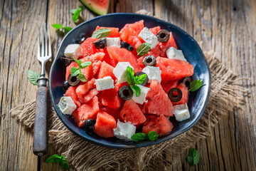 Delicious watermelon salad with black olives and feta cheese