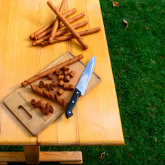 Fruit paste of apples, pears, peaches, plums. Delicious dessert of generous summer. Delicious, fragrant, sweet, pastila from ripe fruit. In the garden under the open sky, with a cup of tea is the best