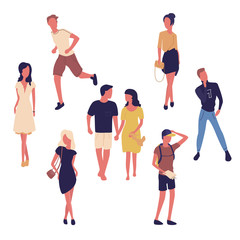 Group of people young men and women isolated on white background. Fashion and shopping. Women in the dresses, one woman with boyfriend. Three men sportsman, model, traveler.