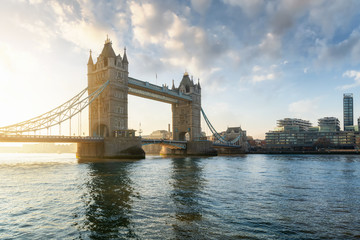 The Tower Bridge in London, UK, during a calm morning after sunrise