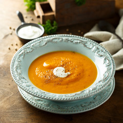 Homemade pumpkin soup with cream