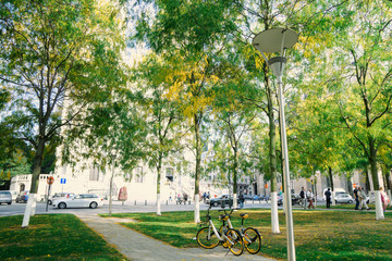 Green park in autumn day. The view beside the beautiful gothic cathedral Saint-Michel et...