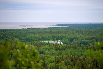 SOLOVKI, View of the Holy Ascension monastery of the Solovki monastery, Savvatyevo from the top of the Sekirnaya mountain. The Solovetsky Monastery. Solovki Islands, Arkhangelsk region, White Sea