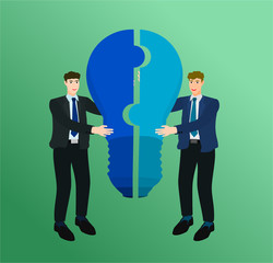 Businessman success connect two piece idea puzzle , teamwork concept