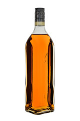 The closed bottle of brandy or rum of a beautiful form. Isolated on a white background