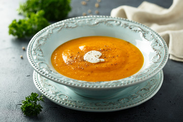 Homemade pumpkin soup with cream