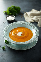 Homemade pumpkin soup with cream