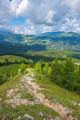 Beautiful alpine landscape view with a hiking trail