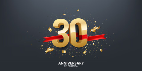 30th Anniversary celebration. 3D Golden numbers with confetti and red ribbon. - obrazy, fototapety, plakaty
