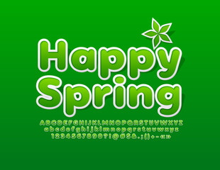 Vector green card Happy Spring with sticker style Font. Fresh Alphabet Letters, Numbers and Symbols