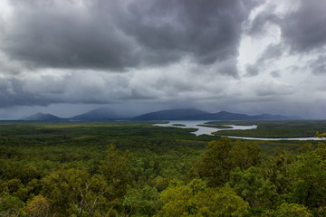 Aerial landscape view of Barron Gorge National Park a World Heritage in Atherton Tablelands Cairns Highlands at the Wet Tropics of Queensland, Australia.