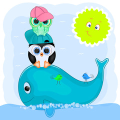 little penguin and owl on a whale. cartoon vector illustration.