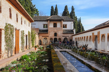 Fototapeta na wymiar Patio of the Irrigation Ditch ('Patio de la Acequia' in Spanish), most important part of the Generalife inside the Alhambra. Granada, Spain