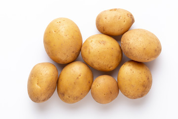 Potatoes isolated on white background. Flat lay. Top view.