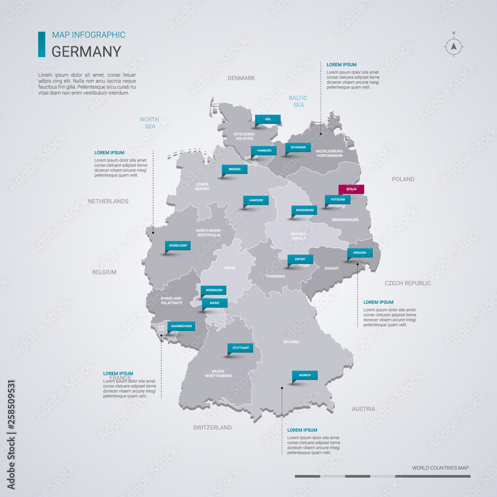 Wall mural germany vector map with infographic elements, pointer marks.